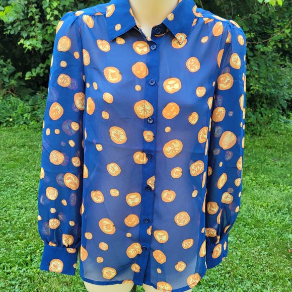 MODCLOTH Subtle Halloween Button Up Pumpkin Top - Picture 1 of 10